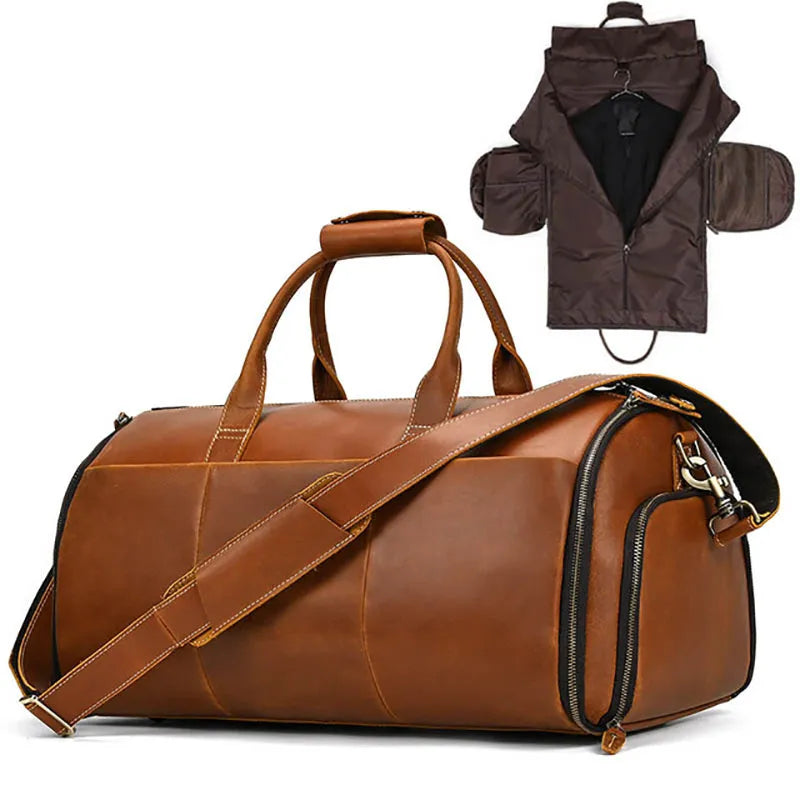 Genuine Leather Travel Duffle Bag With Shoe Pocket