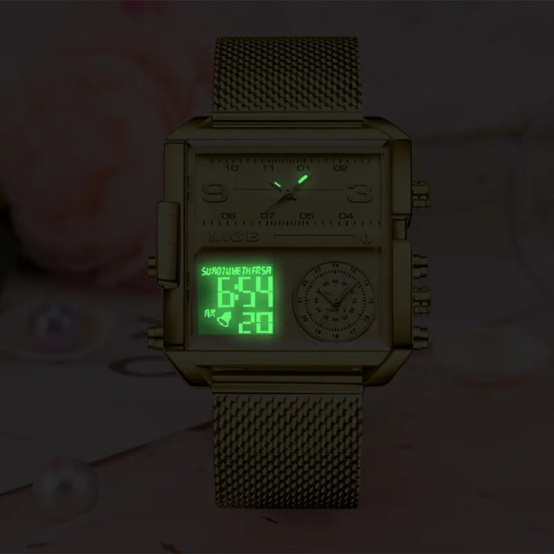 LIGE 2023 New Gold Watch Women Top Brand Luxury Creative Square Watches Ladies Fashion Dual Display Watch Relogio Feminino+BOX