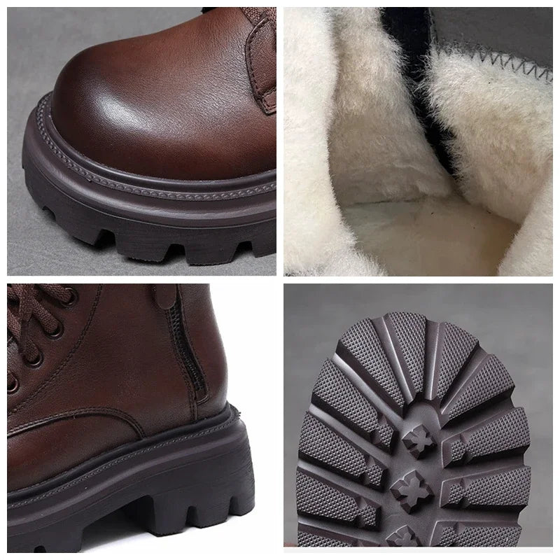 Koznoy 5.5cm Winter Plush Cow Genuine Leather Spring Autumn Ethnic ZIP Platform Ankle Motorcycle Boots Woman British Warm Shoes