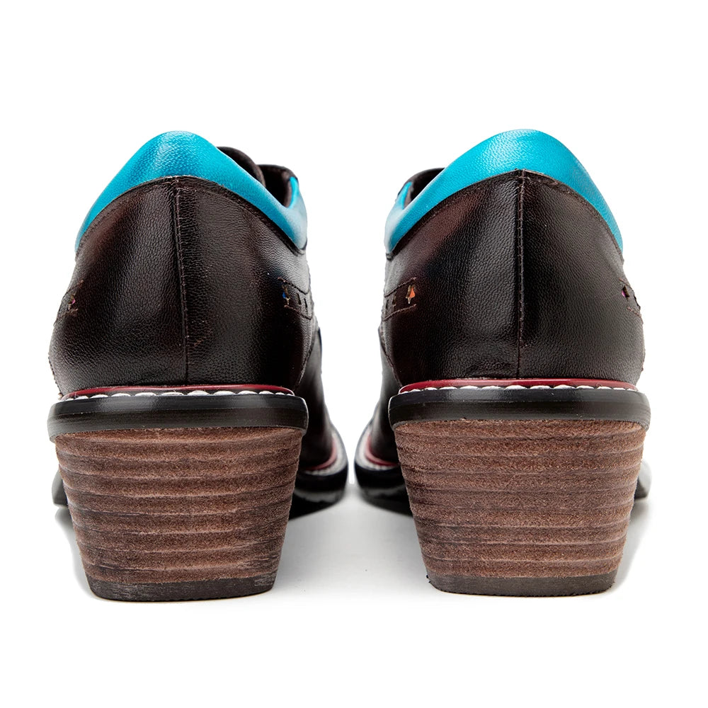 Hand-Painted Color Contrast Star Hollow Casual Lace-Up Thick-Heeled Pumps Shoes 2023 New Spot Cow Leather Oxford Shoes For Woman