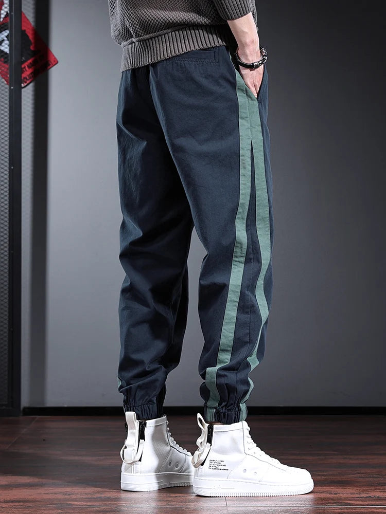 Fashion Side Stripe Pants Men Sport Casual Blue Cotton Elastic Waist Drawstring Jogging Trousers