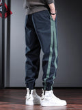 Fashion Side Stripe Pants Men Sport Casual Blue Cotton Elastic Waist Drawstring Jogging Trousers