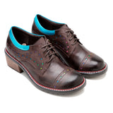 Hand-Painted Color Contrast Star Hollow Casual Lace-Up Thick-Heeled Pumps Shoes 2023 New Spot Cow Leather Oxford Shoes For Woman