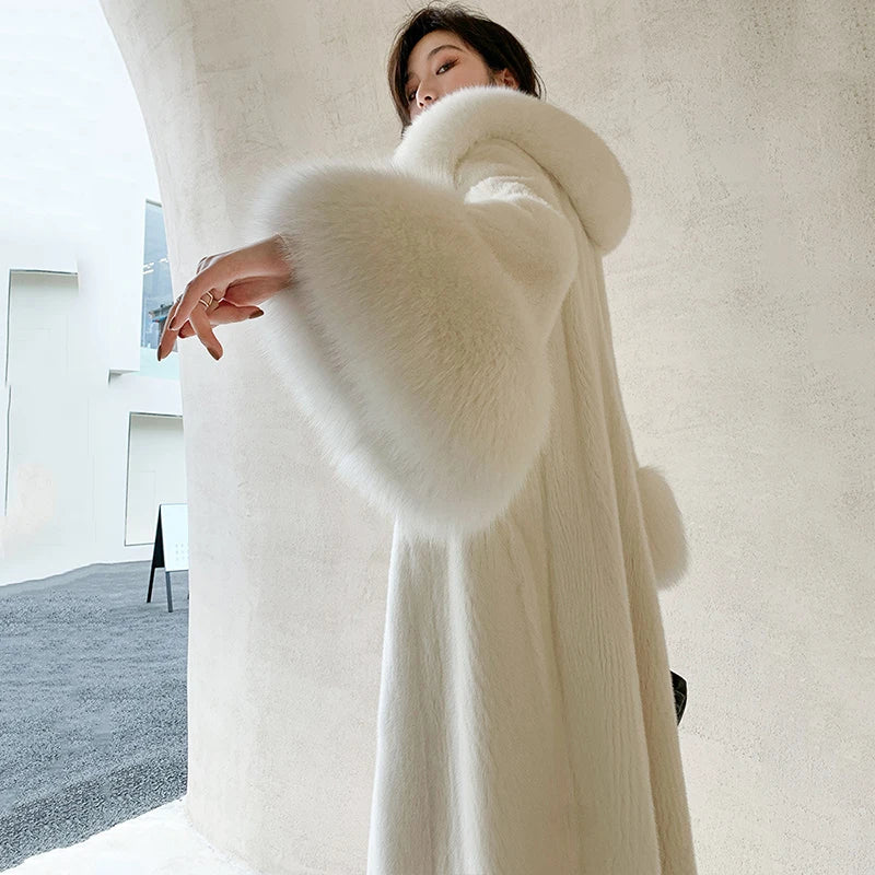 Mink Coats Women Winter Fur New Clothing Thick Long Coat Fox Fur Collar 6XL Large Size White Coat