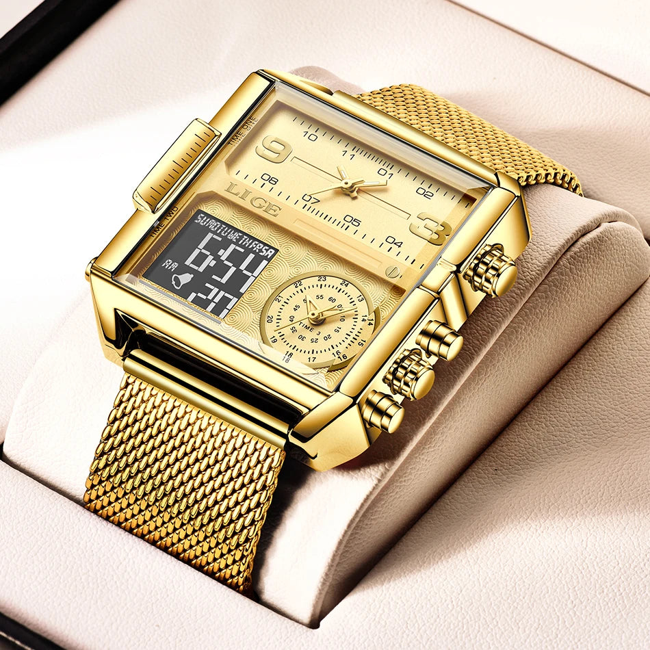 LIGE 2023 New Gold Watch Women Top Brand Luxury Creative Square Watches Ladies Fashion Dual Display Watch Relogio Feminino+BOX