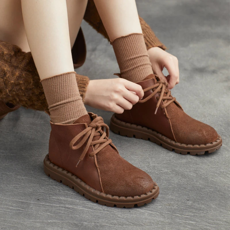 Koznoy 2.5cm Suede Autumn Ankle Spring Booties Flats Comfy Genuine Leather Boots Soft Soled Cowgirl Sewing Moccasins Woman Shoes