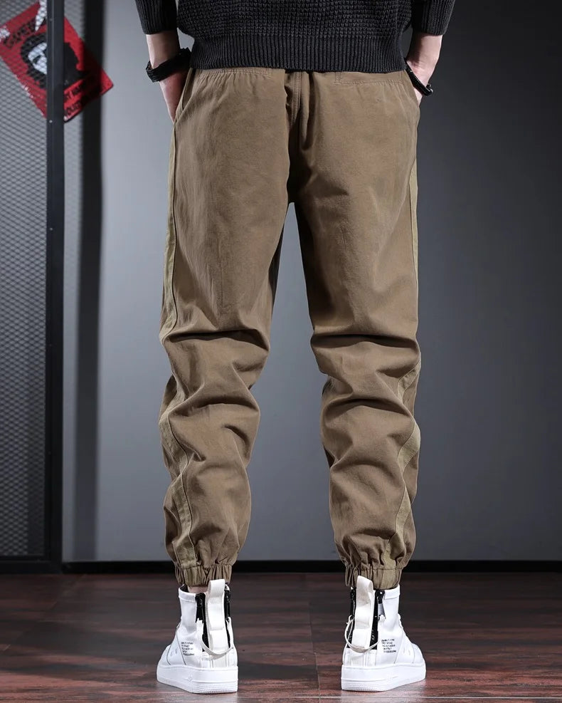 Fashion Side Stripe Pants Men Sport Casual Blue Cotton Elastic Waist Drawstring Jogging Trousers
