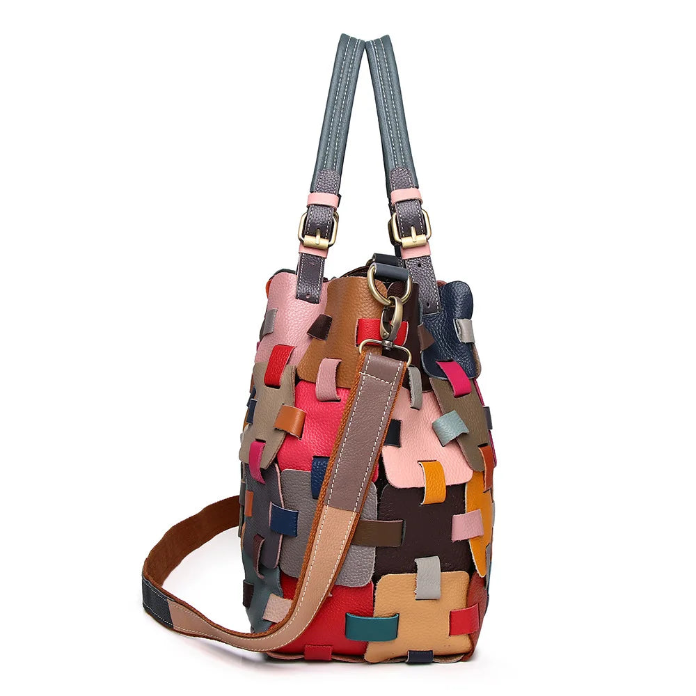 Leather Casual Colorful Patchwork Design Handbag