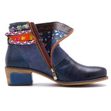 Vintage 2021 New Genuine Leather Women Chelsea Boots Ankle Strap Zipper Bohemia Ladies Shoes Woman Flower Heels Western Boots