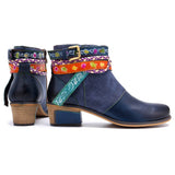Vintage 2021 New Genuine Leather Women Chelsea Boots Ankle Strap Zipper Bohemia Ladies Shoes Woman Flower Heels Western Boots