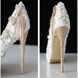 Wedding shoes autumn white pearl high heels bridal shoes large size party dress pointed shoes size 34-43