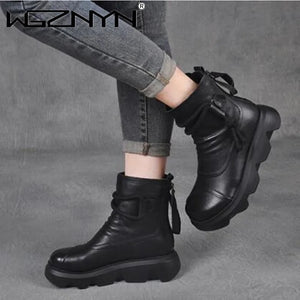 NEW Winter Boots for Women Genuine PU Leather Ankle Boots Autumn Female Plush Shoes Thick with Short Boots Cool Motorcycle Boot
