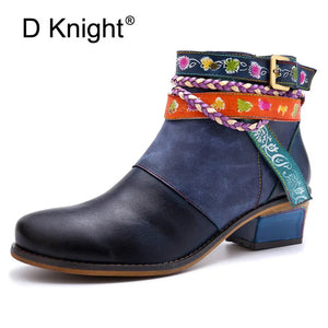 Vintage 2021 New Genuine Leather Women Chelsea Boots Ankle Strap Zipper Bohemia Ladies Shoes Woman Flower Heels Western Boots