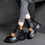 Women Ankle Boots Winter 2021 New Genuine Leather Shoes Zip Round Toe Wedges Retro Mixed Colors Platform Short Boots
