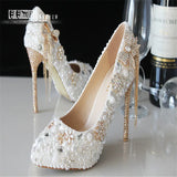 Wedding shoes autumn white pearl high heels bridal shoes large size party dress pointed shoes size 34-43