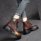 Women Ankle Boots Winter 2021 New Genuine Leather Shoes Zip Round Toe Wedges Retro Mixed Colors Platform Short Boots