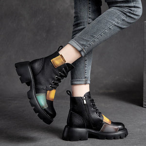 Women Ankle Boots Winter 2021 New Genuine Leather Shoes Zip Round Toe Wedges Retro Mixed Colors Platform Short Boots