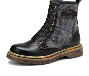 Leather Zipper Lace Up Low Heels Ladies boots