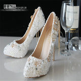 Wedding shoes autumn white pearl high heels bridal shoes large size party dress pointed shoes size 34-43
