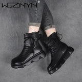 NEW Winter Boots for Women Genuine PU Leather Ankle Boots Autumn Female Plush Shoes Thick with Short Boots Cool Motorcycle Boot