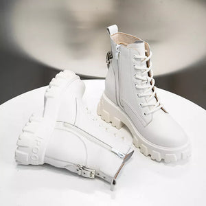 WOIZGIC Women's Female Ladies Genuine Leather Ankle Shoes Boots Platform Zipper Warm Winter Fur Motorcycle Lace Up Increase