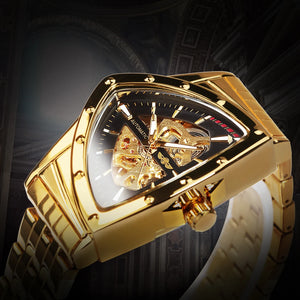 WINNER Triangle Skeleton Gold Black Watch for Men Automatic Mechanical Wristwatch Irregular Luxury Stainless Steel Strap relogio