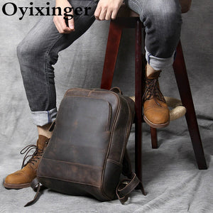 OYIXINGER Men's Luxury Laptop Backpack Original Handmade Laptopc For 14" Macbook Hp Genuine Leather Retro Backpacks Male