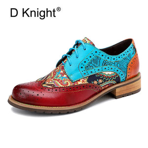 Vintage Oxford Shoes For Women Genuine Leather Flat Heel Shoes Woman British Lace Up Brogues Flats Shoes Retro Chaussures Femme