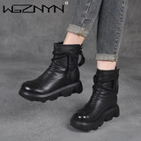 NEW Winter Boots for Women Genuine PU Leather Ankle Boots Autumn Female Plush Shoes Thick with Short Boots Cool Motorcycle Boot