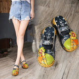 Plus Size Shoes Women Slippers Hand Painted Genuine Leathe Ladies Wedge Heel Platform Sandals Elegant Women Shoes Summer Slides