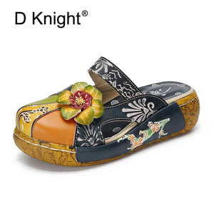 Plus Size Shoes Women Slippers Hand Painted Genuine Leathe Ladies Wedge Heel Platform Sandals Elegant Women Shoes Summer Slides
