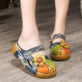 Plus Size Shoes Women Slippers Hand Painted Genuine Leathe Ladies Wedge Heel Platform Sandals Elegant Women Shoes Summer Slides