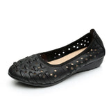 WOIZGIC Mother Women Shoes Sandals Flats Hollow Out Genuine Leather Slip On Loafers Soft Summer Beach Vintage Plus Size 42 43