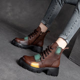 Women Ankle Boots Winter 2021 New Genuine Leather Shoes Zip Round Toe Wedges Retro Mixed Colors Platform Short Boots