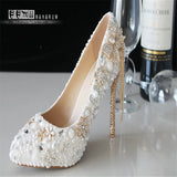Wedding shoes autumn white pearl high heels bridal shoes large size party dress pointed shoes size 34-43