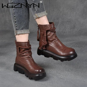 NEW Winter Boots for Women Genuine PU Leather Ankle Boots Autumn Female Plush Shoes Thick with Short Boots Cool Motorcycle Boot