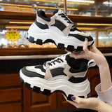 WOIZGIC Female Women's Genuine Leather White Shoes Sneakers Platform Spring Breathable Lace Up Sports High Sole 35-40 YL-7