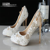 Wedding shoes autumn white pearl high heels bridal shoes large size party dress pointed shoes size 34-43
