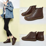 WOIZGIC Women's Female Mother Woman Genuine Leather Ankle Shoes Boots Zipper Lace Up Winter Plush Warm Retro 34-41 ZDA-2181