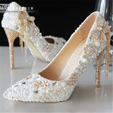 Wedding shoes autumn white pearl high heels bridal shoes large size party dress pointed shoes size 34-43