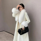 Women Winter Woolen Coats Fur Collar Scarf Cuff Set Warm Fashion Luxury Overcoat Scarves Shawls Female Elegant Solid Thick Coats