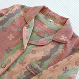 Vintage Wash Knitted Cotton 2PCS Print Pajamas Suit Womens 2023 Spring Autumn Nightwear Turn Down Collar Sleepwear Set