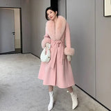 Women Winter Woolen Coats Fur Collar Scarf Cuff Set Warm Fashion Luxury Overcoat Scarves Shawls Female Elegant Solid Thick Coats