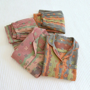 Vintage Wash Knitted Cotton 2PCS Print Pajamas Suit Womens 2023 Spring Autumn Nightwear Turn Down Collar Sleepwear Set