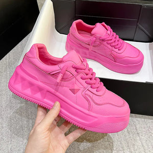 Genuine Leather 5cm Rose Pink White Women Sneakers
