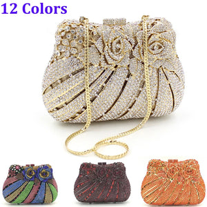 Women Crystal Evening Bag Two Floral Clear Crystal  Clutch Bag New Luxury Lady Wedding Bridal Purse Cocktai Girls Dinner Banquet