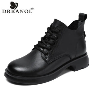 DRKANOL Luxury Design Autumn Winter Warm Ankle Boots For Women Casual High Top Shoes Real Cow Leather Thick Heel Short Boots