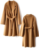 Real Wool Long Belt Warp Women Overcoat Classic Coat