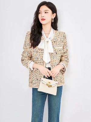 ZJYT Luxury Vintage Tweed Woolen Jackets and Coats for Women 2023 Long Sleeve O Neck Office Casual Party Outerwear Veste Femme