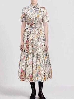 Spring and summer new catwalk printed short-sleeved shirt skirt with high waist and large swing waist and single-breasted dress.